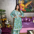 Green Mul Mul Floral Lucknow Chikankari Kurti Palazzo Set for Summers