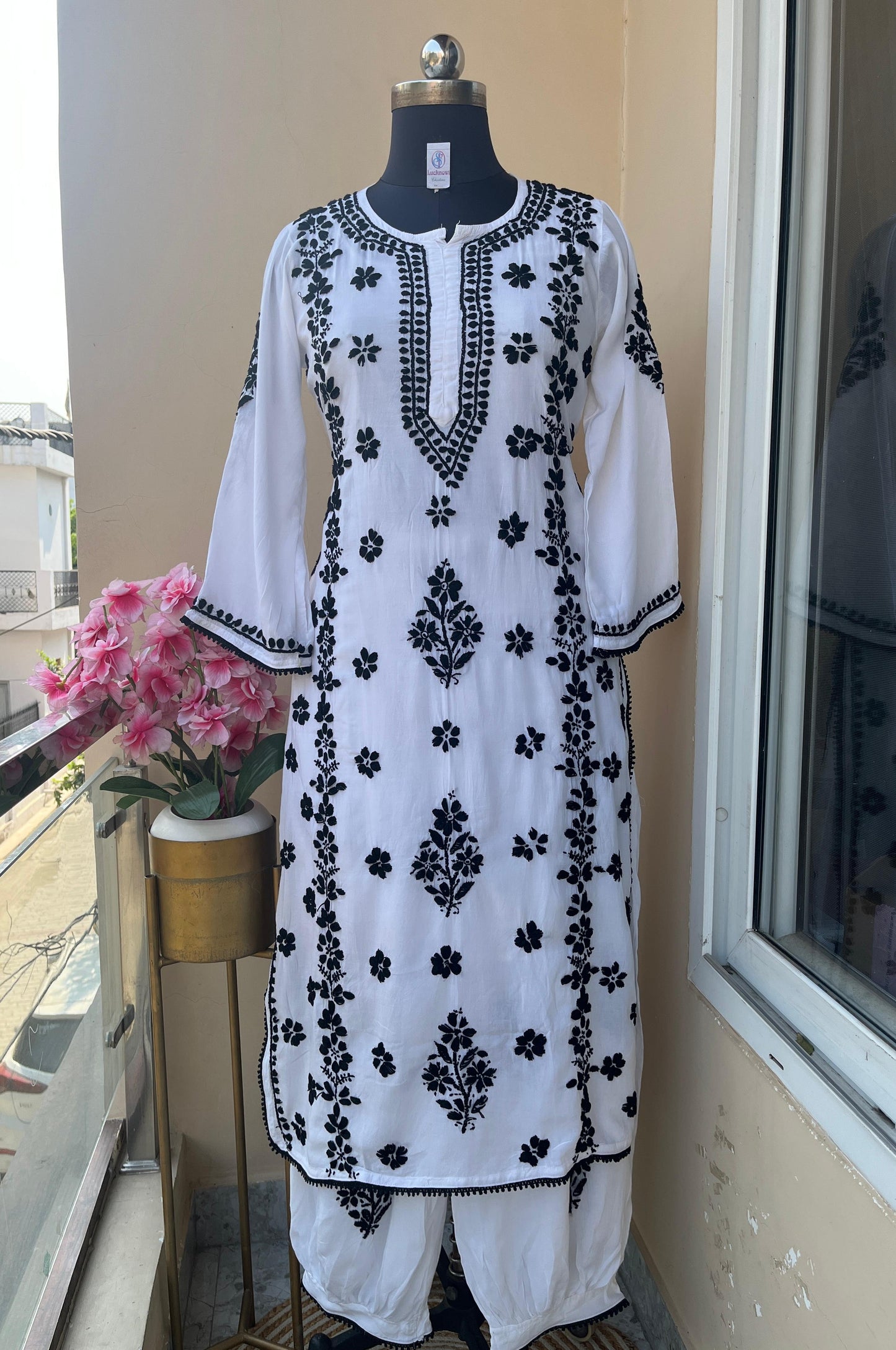 Black & White Premium Lucknow Chikankari Modal Kurti & Afghani Pant Set – Handcrafted Elegance