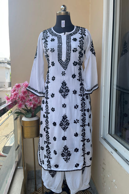 Black & White Premium Lucknow Chikankari Modal Kurti & Afghani Pant Set – Handcrafted Elegance