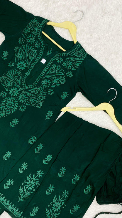 Dark Green Premium Lucknow Chikankari Cotton Kurti & Palazzo Set