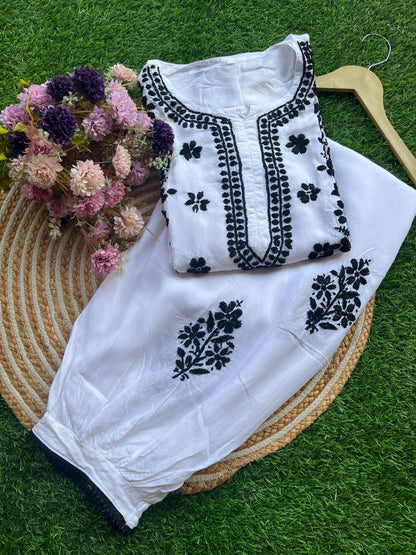 Black & White Premium Lucknow Chikankari Modal Kurti & Afghani Pant Set – Handcrafted Elegance