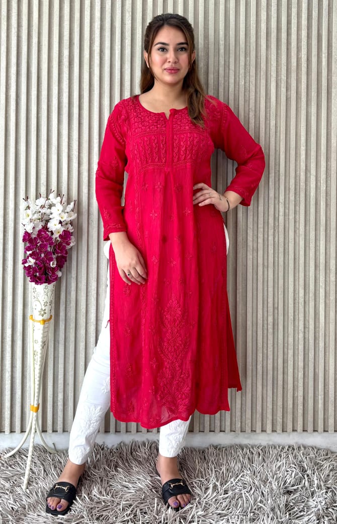 Red Chinon Nyra Style 3D handwork Lucknow Chikankari Kurti Set