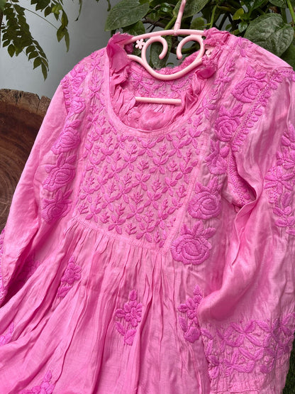 Pink Super Soft Pure Muslin Lucknow Chikankari Gown with Lycra Pants