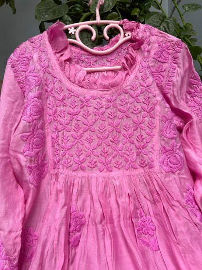 Pink Super Soft Pure Muslin Lucknow Chikankari Gown with Lycra Pants