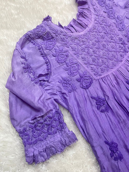 Purple Super Soft Pure Muslin Lucknow Chikankari Gown with Lycra Pants