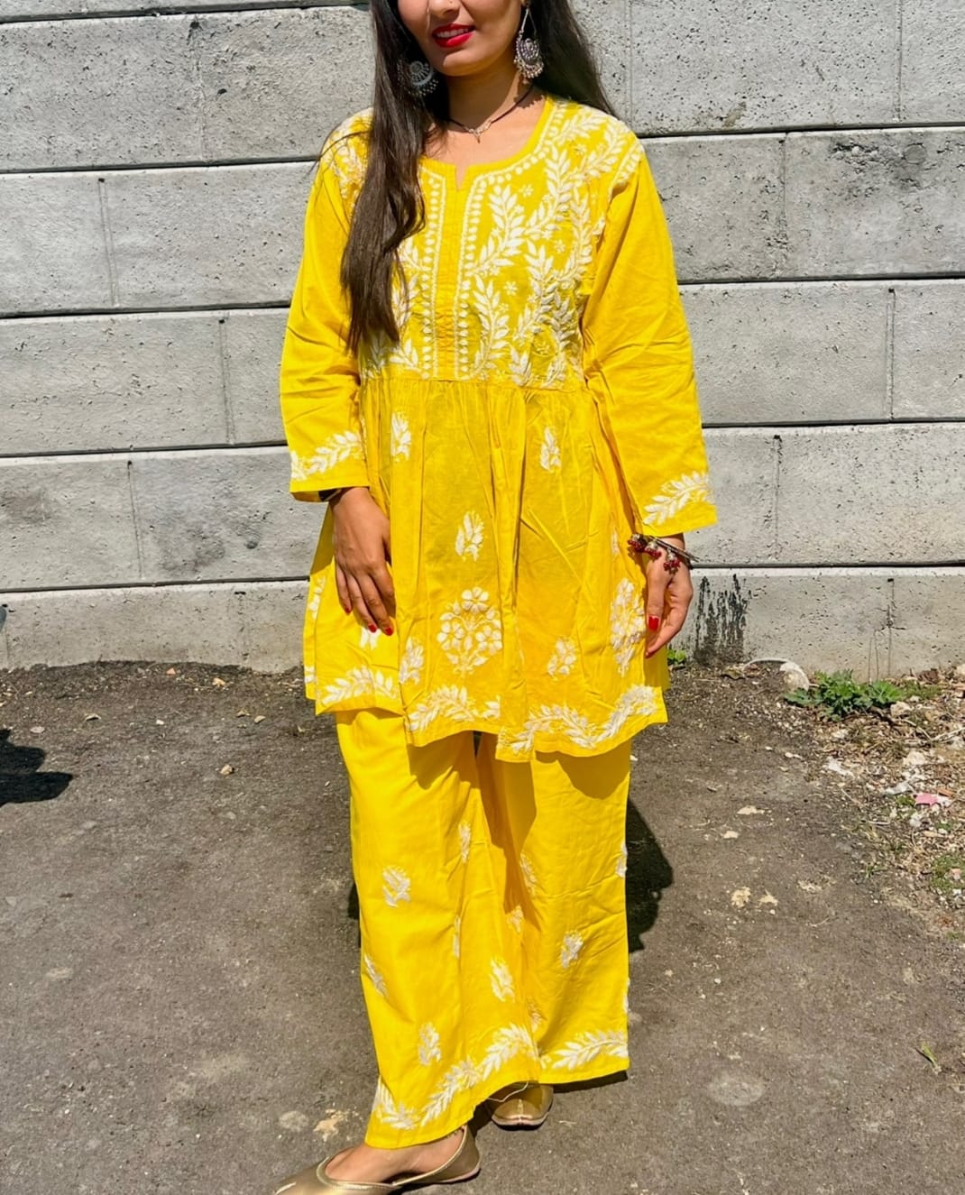 Yellow Chikankari Cotton Short Kurti Palazzo Set