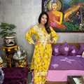 Yellow Mul Mul Floral Lucknow Chikankari Kurti Palazzo Set for Summers