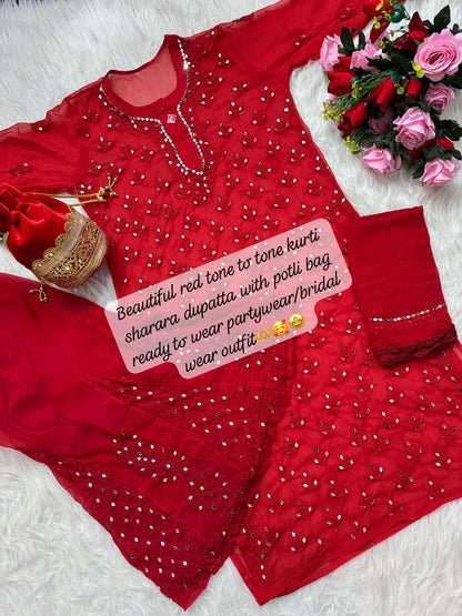 Red Chikankari Elegance Ombré Mirror Booti Jaal Set - Potli , Kurti, Sharara ,Dupatta & Inner