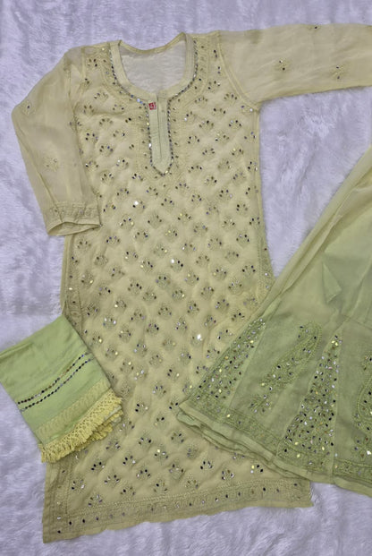 Olive Green Ombré Georgette Lucknow Chikankari Mirror Sharara Set