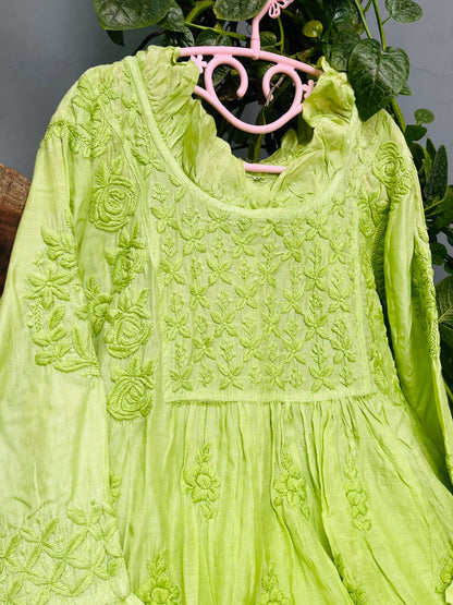 Green Super Soft Pure Muslin Lucknow Chikankari Gown with Lycra Pants