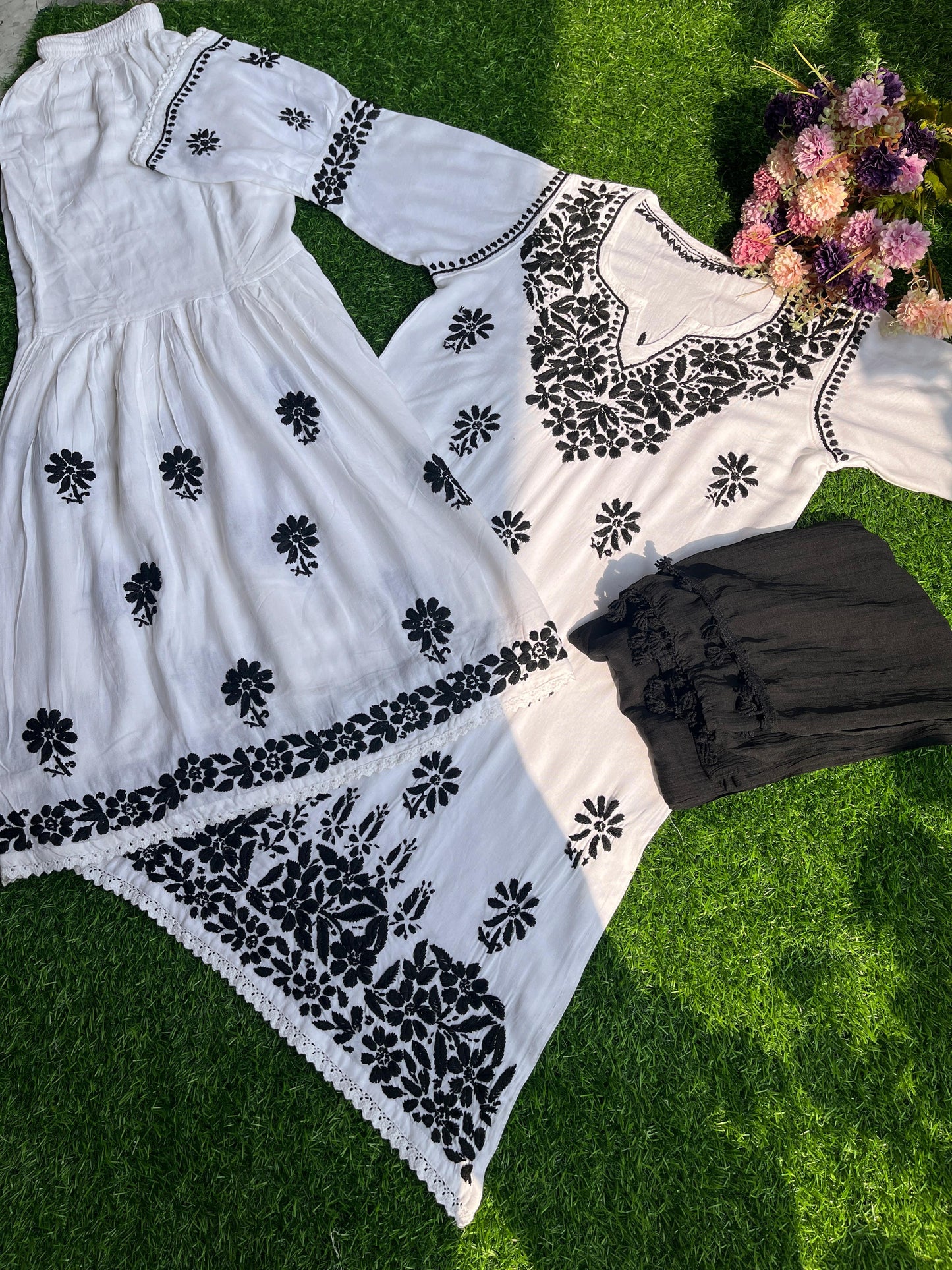 Monochrome Premium Lucknow Chikankari Kurti and Gharara Set with Chiffon Dupatta