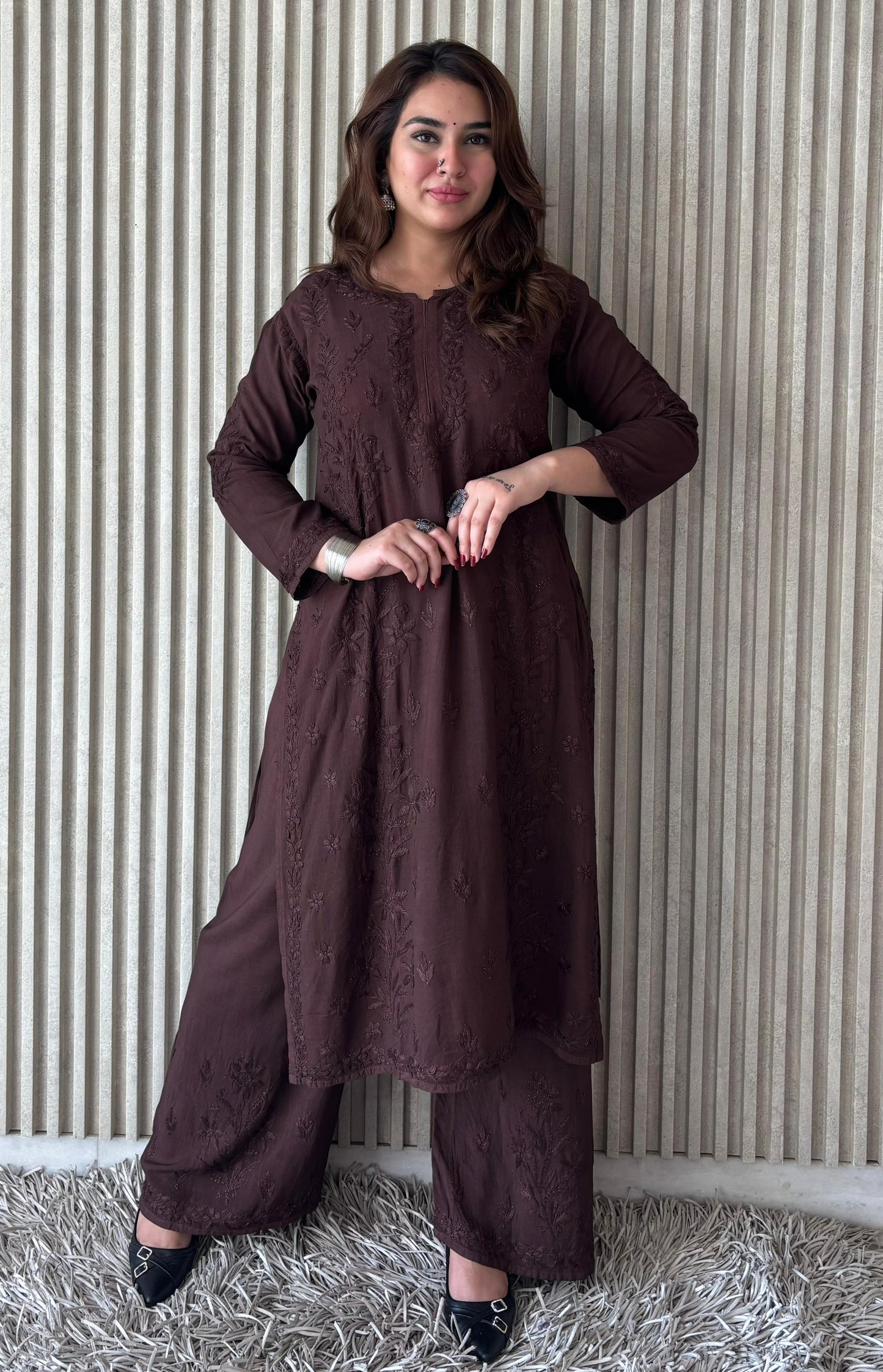 Coffee Brown Rayon Lucknow Chikankari Kurta with Palazzo Set