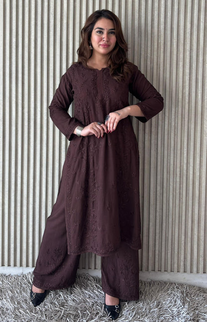 Coffee Brown Rayon Lucknow Chikankari Kurta with Palazzo Set
