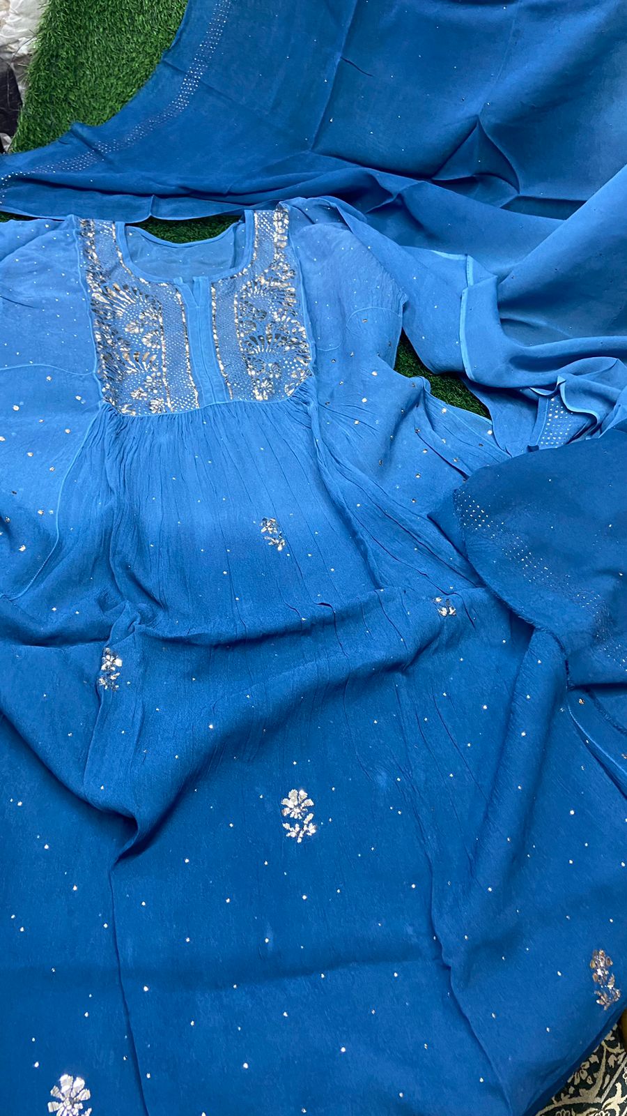 Blue Premium Party Wear Lucknow Chikankari Kurta Set with Teeki Fardi & Mukesh Work