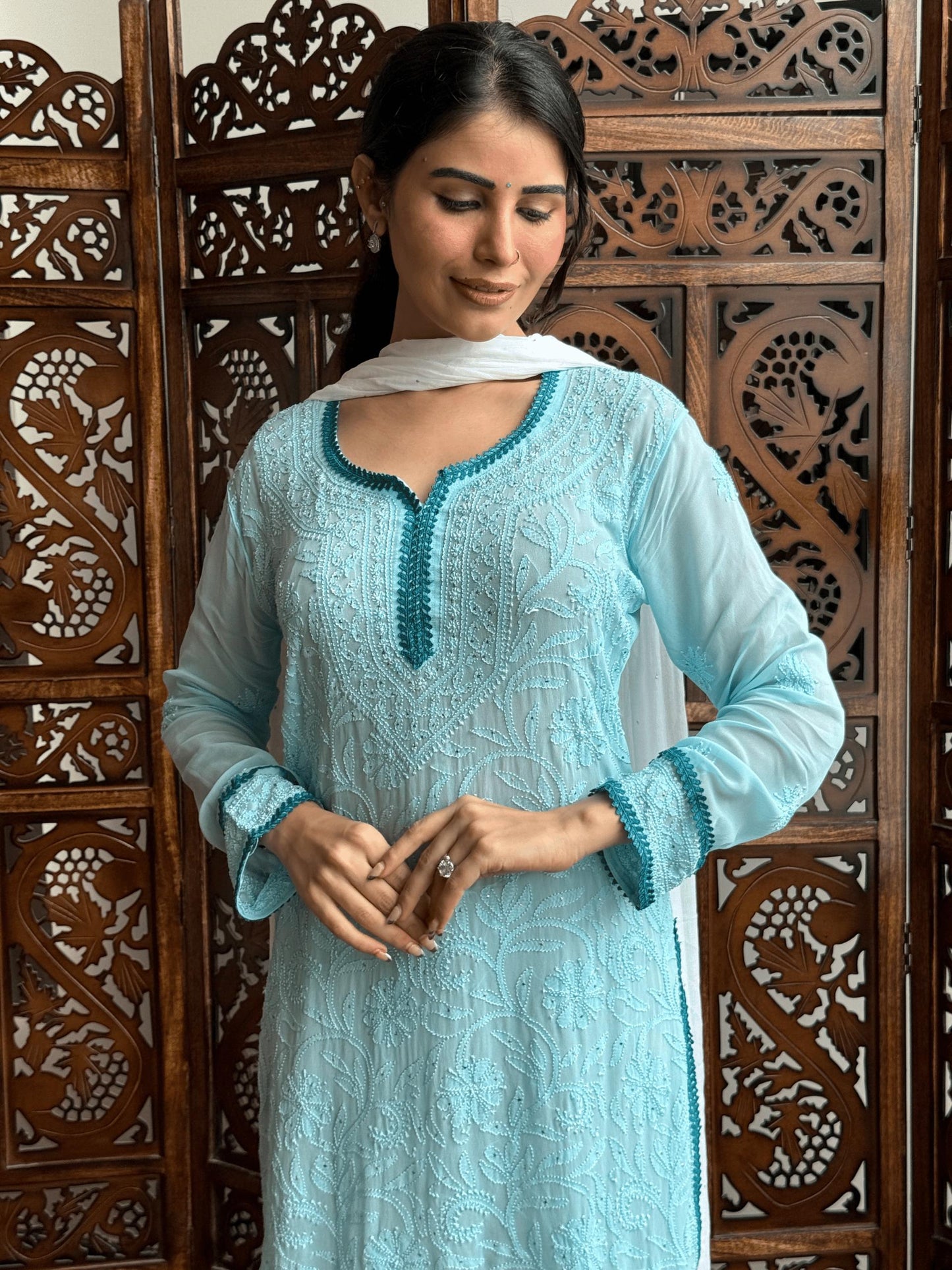 Aqua Blue Premium Resham Viscose Jall Short Kurti