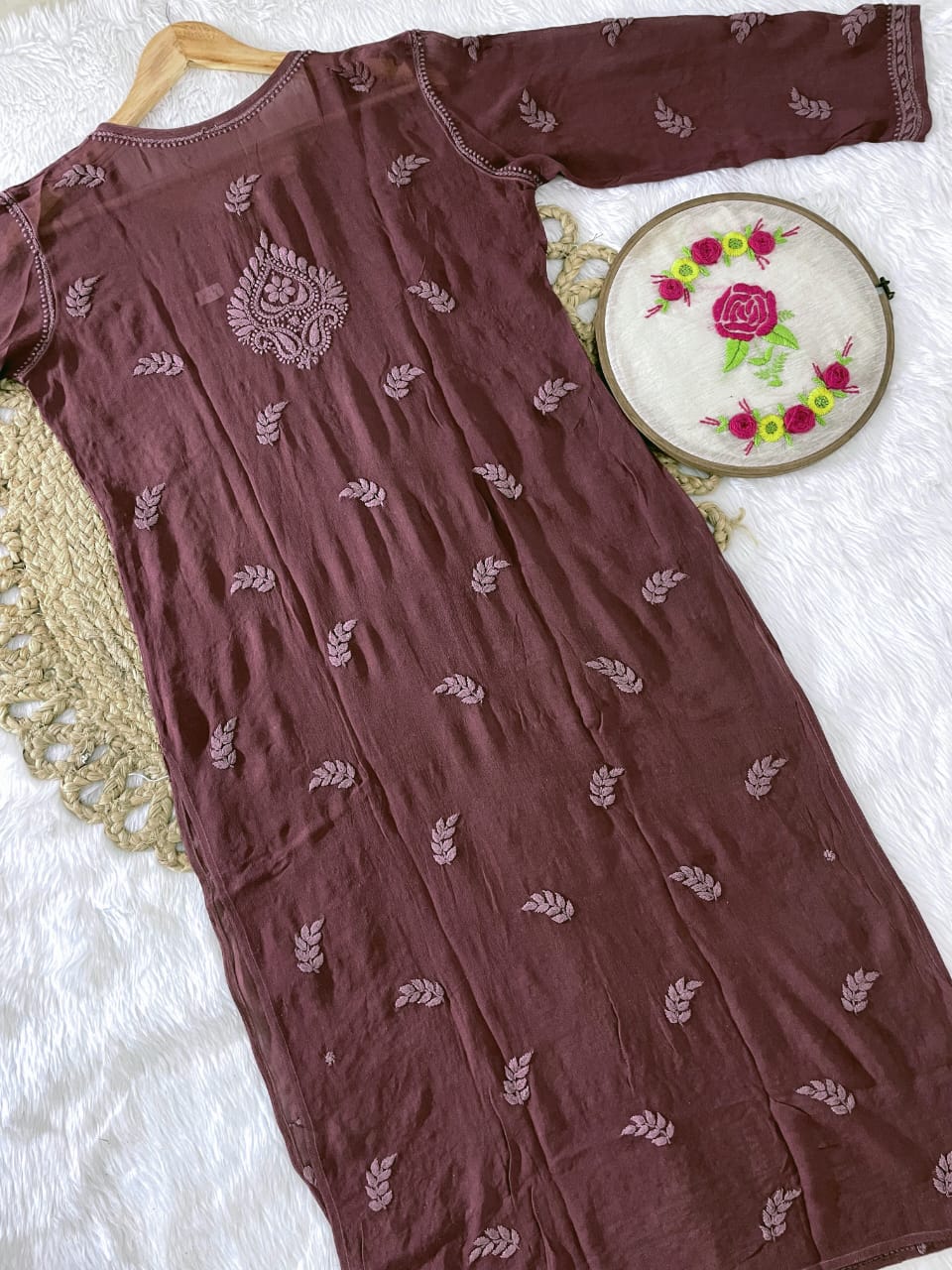 Brown Premium Beautiful Boota Viscose Kurti with Lycra Stretchable Pant