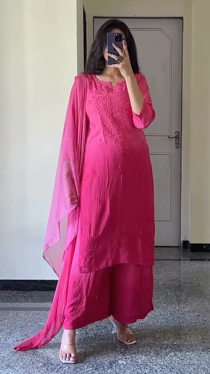 Elegant 3 pc Pink Ethereal Dyeble Modal Chikankari Kurta Set