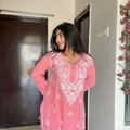 Peach Handcrafted Lucknowi Chikankari Style Short Kurta & Palazzo Set