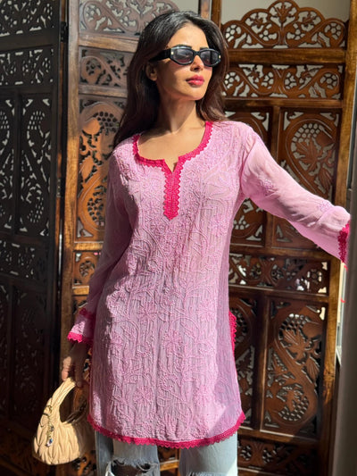 Pink Premium Resham Viscose Jall Short Kurti