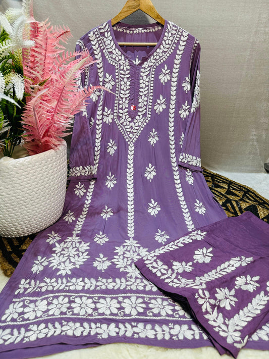 Lavendar Lucknowi Chikankari Premium Heavy Designer Modal Palazzo Set