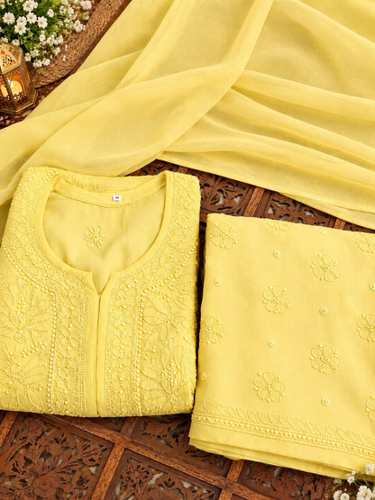 Light yellow Resham Viscose Jaal Kurti, Palazzo & Dupatta Set (New)