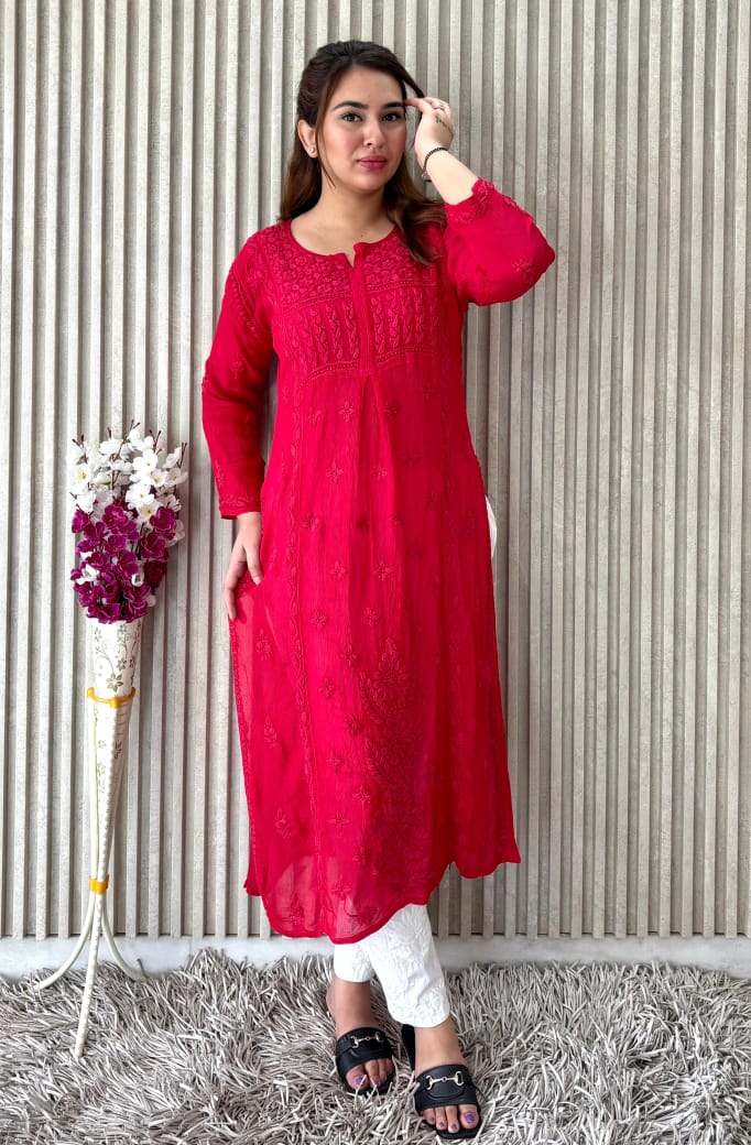 Red Chinon Nyra Style 3D handwork Lucknow Chikankari Kurti Set
