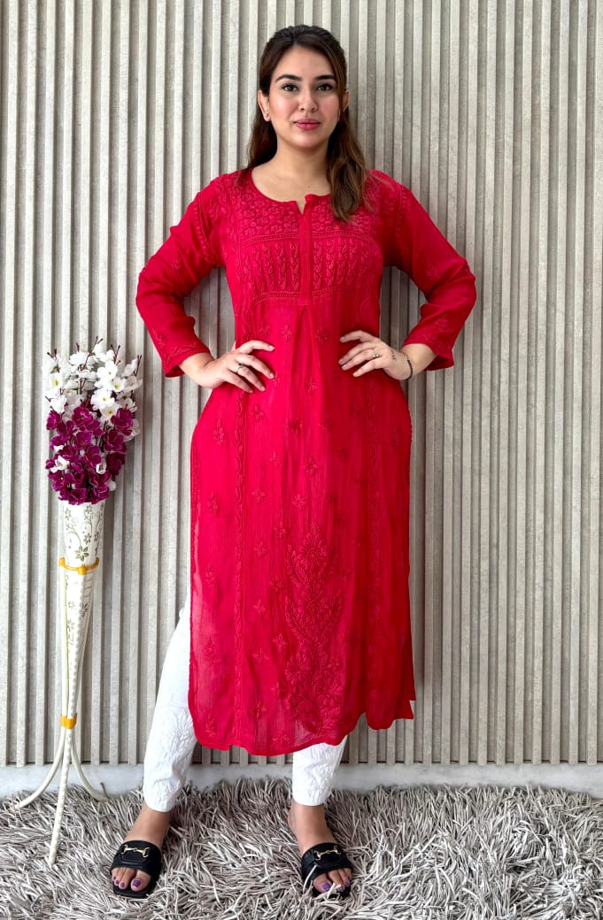 Red Chinon Nyra Style 3D handwork Lucknow Chikankari Kurti Set