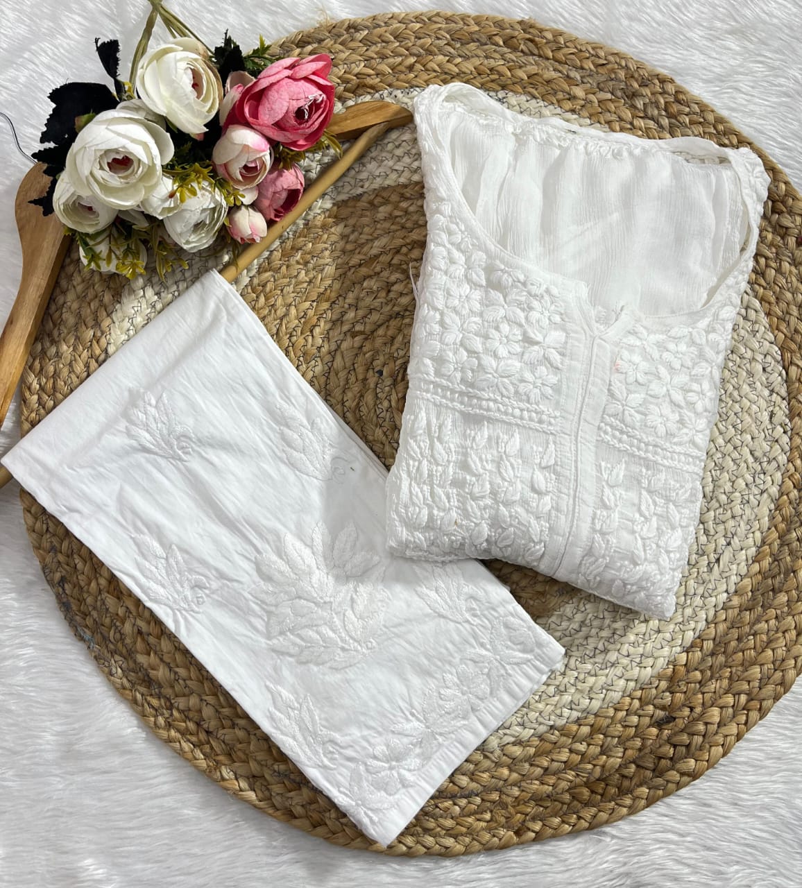 Greyish Blue Chinon Nyra Style 3D handwork Lucknow Chikankari Kurti Set