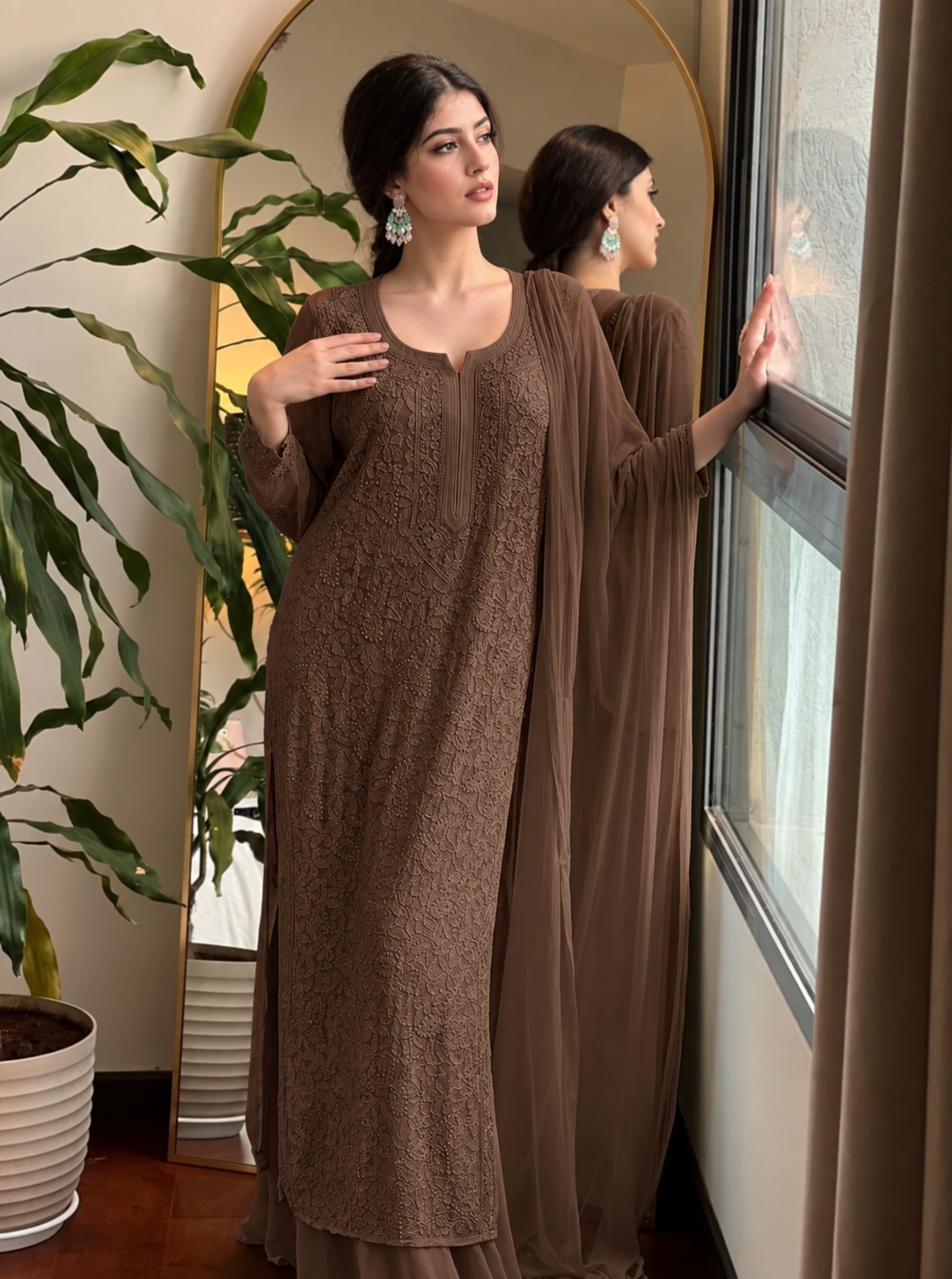 Premium Chocolate Brown Resham Viscose Jaal Kurti, Palazzo & Dupatta Set (New)
