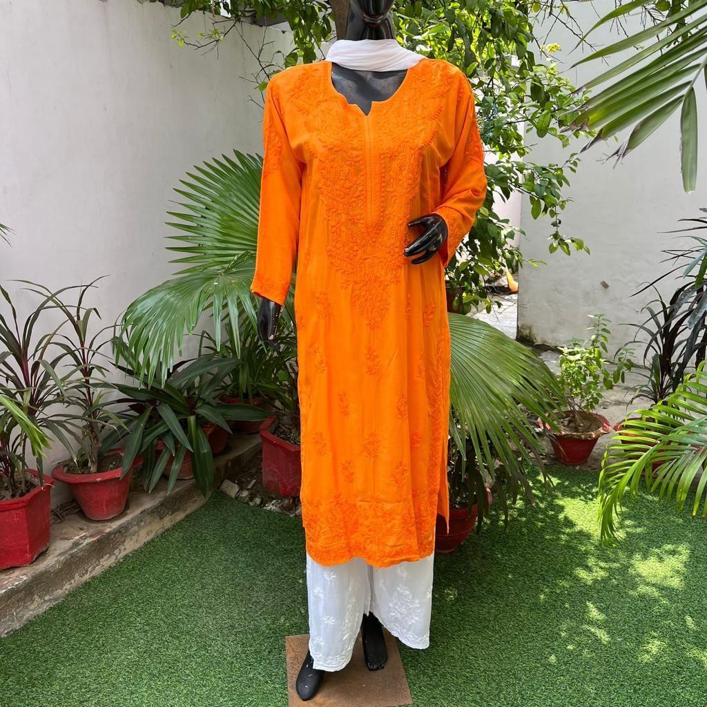 Classic Orange Ethereal Dyeble Modal Chikankari Kurta Set - Inayakhan Shop 