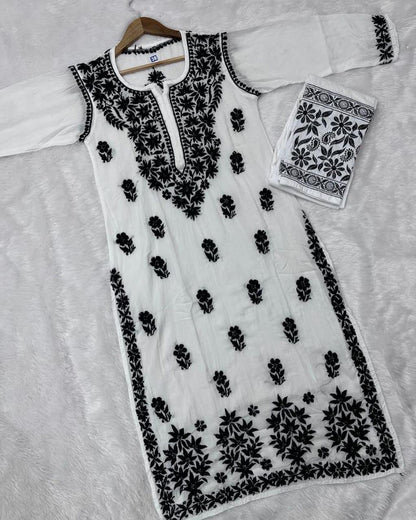 Classic White and Black Modal Cotton Kurti Set #BESTSELLER - Inayakhan Shop 