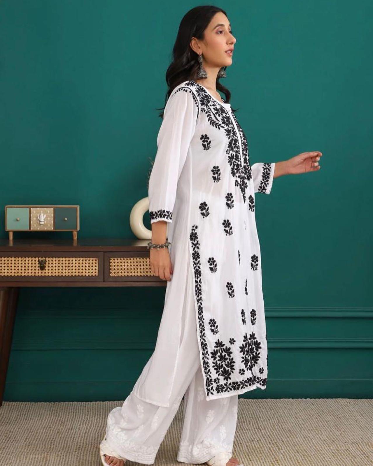 Classic White and Black Modal Cotton Kurti Set #BESTSELLER - Inayakhan Shop 