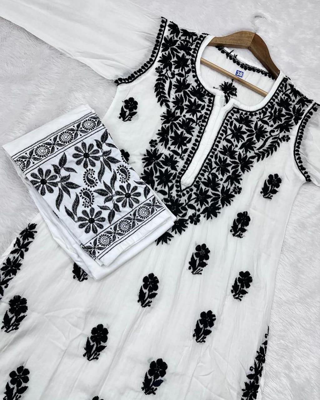 Classic White and Black Modal Cotton Kurti Set #BESTSELLER - Inayakhan Shop 