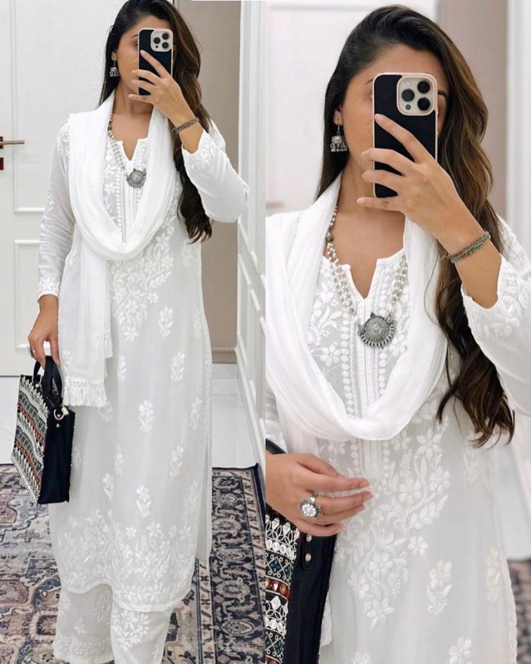 White Viscose Strappy Chikankari kurta Garara Set with Dupatta Lucknow Chikankari Kurta/ sold Chikankari Viscose Short Kurta / White Chikan Dress