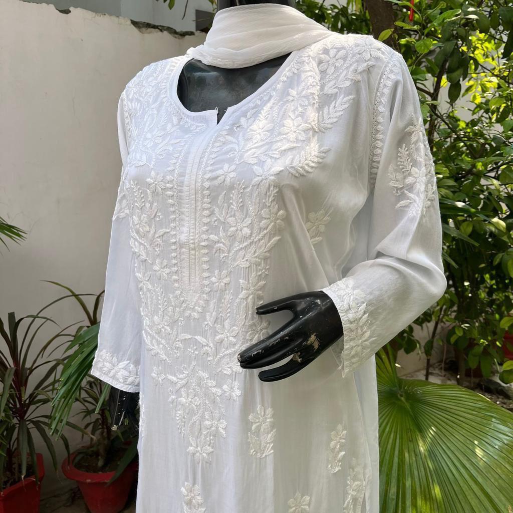 Classic White Ethereal Dyeble Modal Chikankari Kurta Set - Inayakhan Shop 