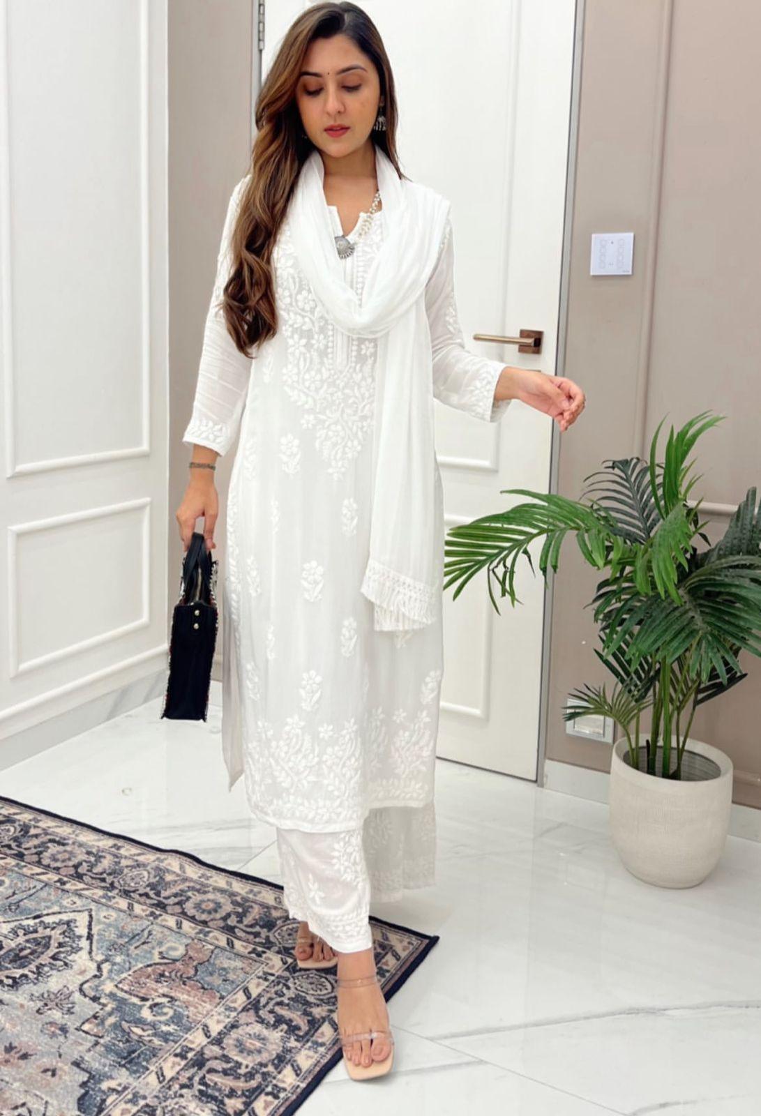 Classic White Ethereal Dyeble Modal Chikankari Kurta Set - Inayakhan Shop 