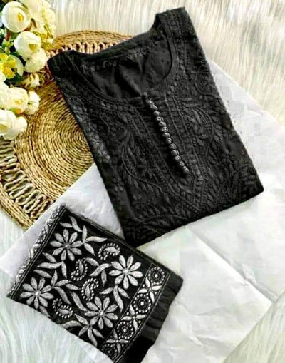 Classy Black Cotton Chikankari Hand Work Kurti Suit Designs Plus Sizes