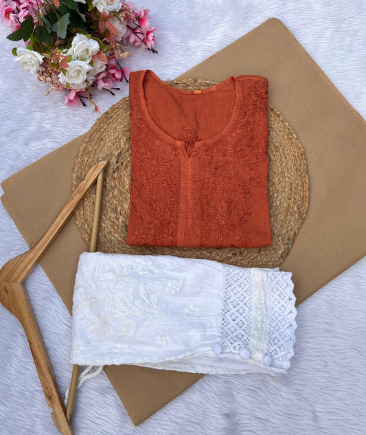 Classy Burnt Orange Summer Breeze Dobby Cotton Short Kurti With Pant - Inayakhan Shop 