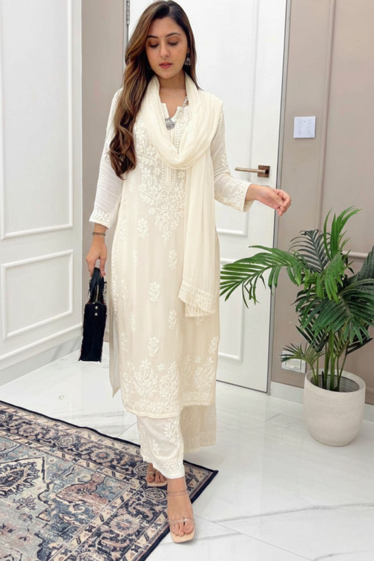 Cloud Dancer Dyeable Modal Chikankari Kurta Set (Pantone Color of the Year 2026)