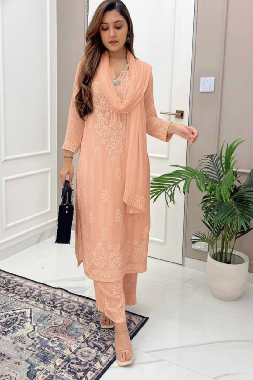 Peach Dust Dyeable Modal Chikankari Kurta Set