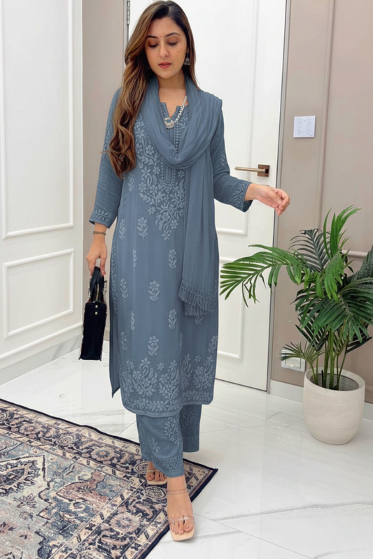 Baltic Grey Dyeable Modal Chikankari Kurta Set