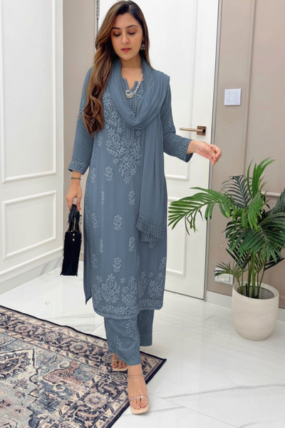 Baltic Grey Dyeable Modal Chikankari Kurta Set