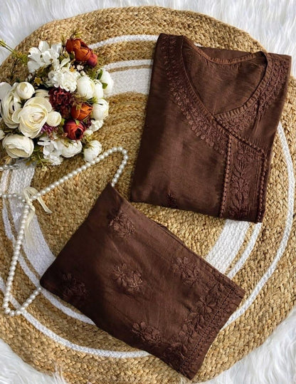 Premium Cocoa Brown Chanderi Silk Lucknow Chikankari Kurti & Lace Pant Set (NEW)