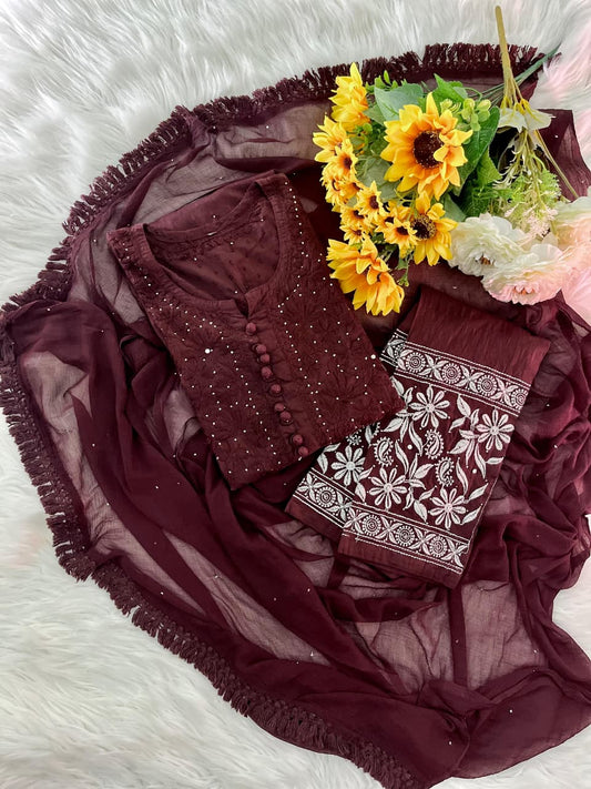 Coffee Brown Lucknowi Chikankari Dobby Cotton Kurti Set with Mukaish Work