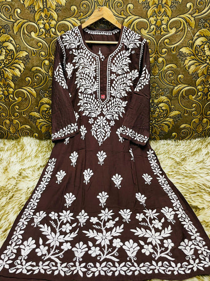 Coffee Brown Exquisite Lucknowi Chikankari Modal Kurti with White Rayon Palazzo - Inayakhan Shop 