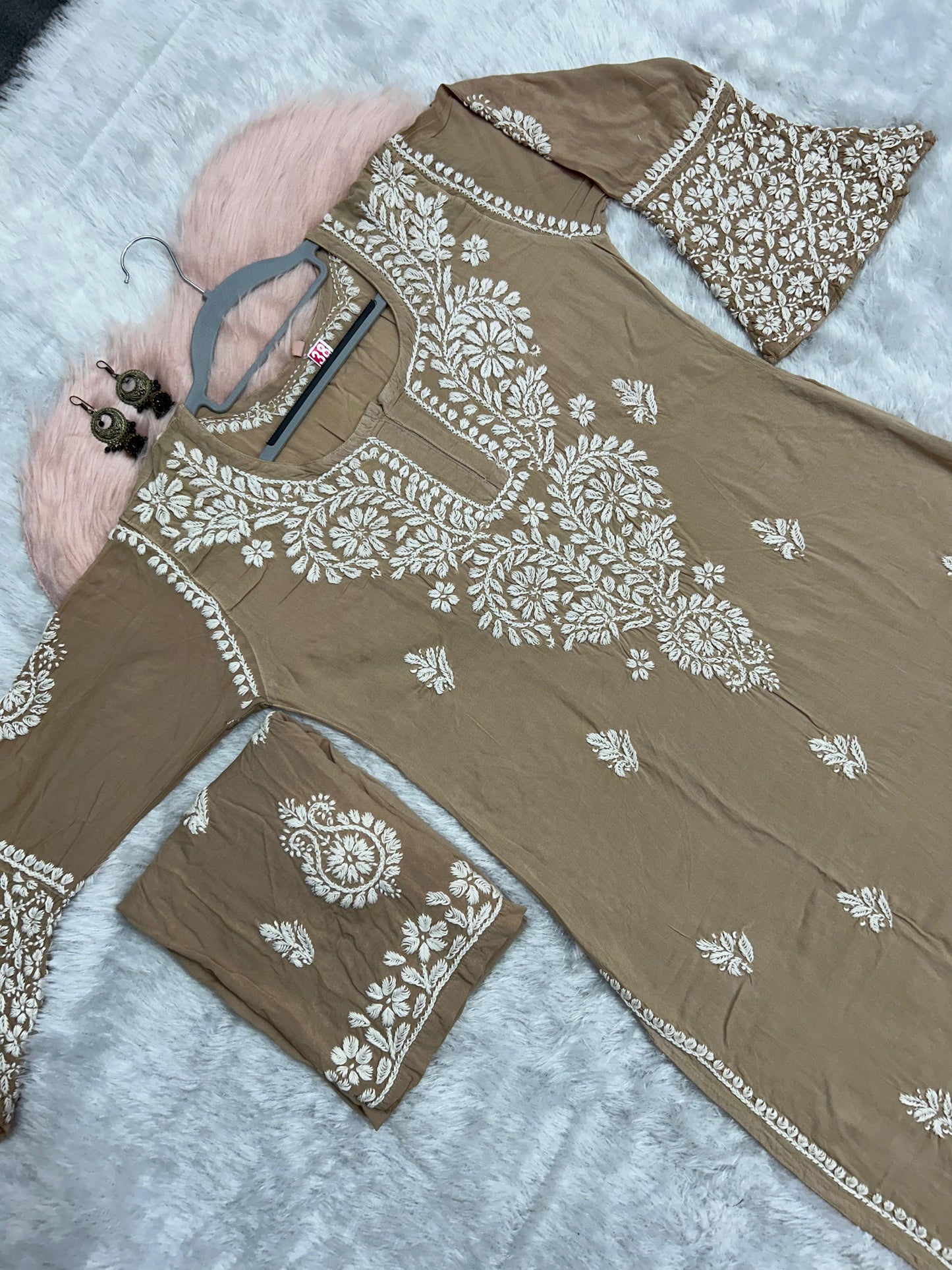 Coffee Brown Premium Modal Chikankari Bell Sleeves Kurti with Palazzo Set - Inayakhan Shop 