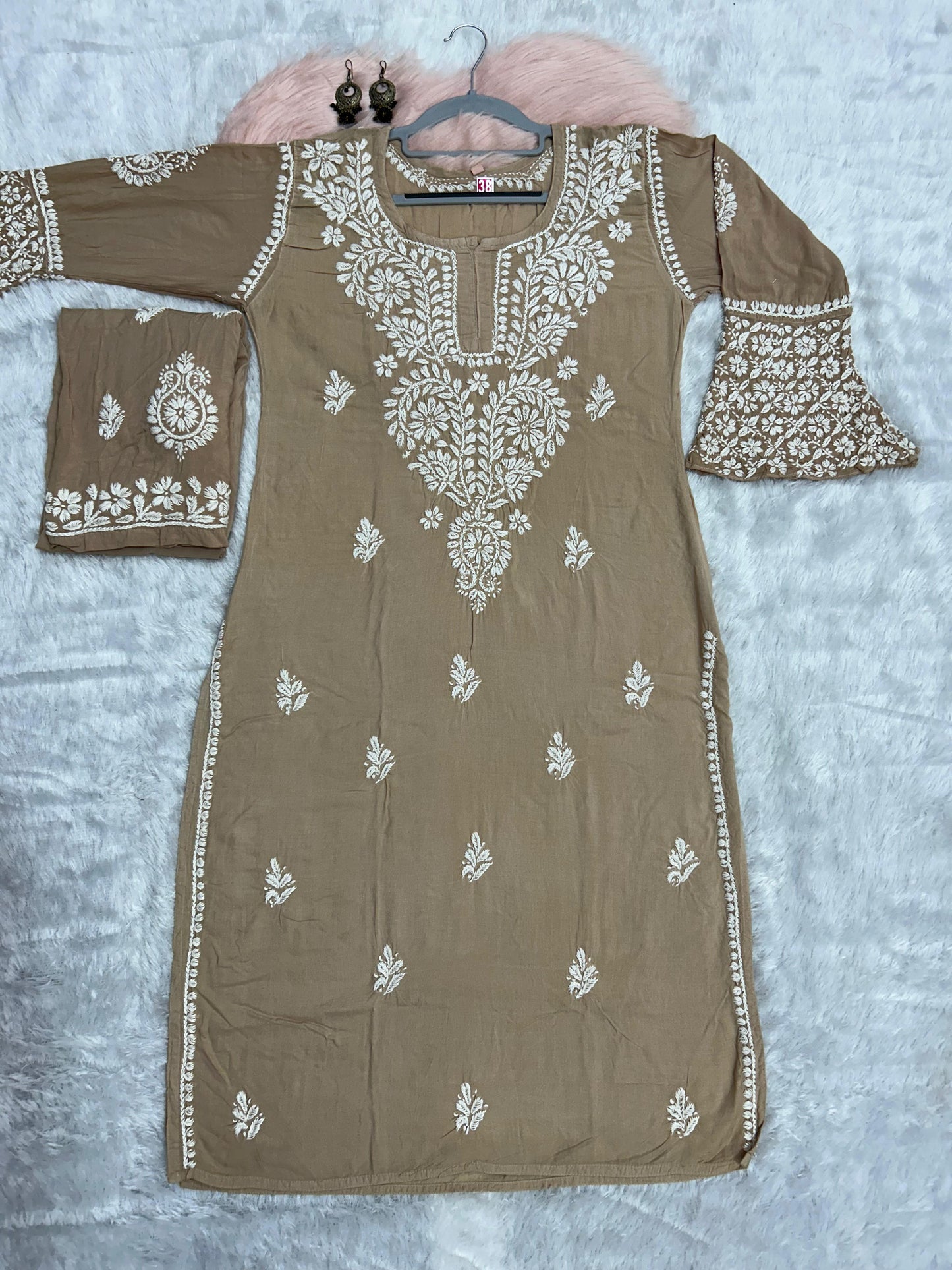 Coffee Brown Premium Modal Chikankari Bell Sleeves Kurti with Palazzo Set - Inayakhan Shop 