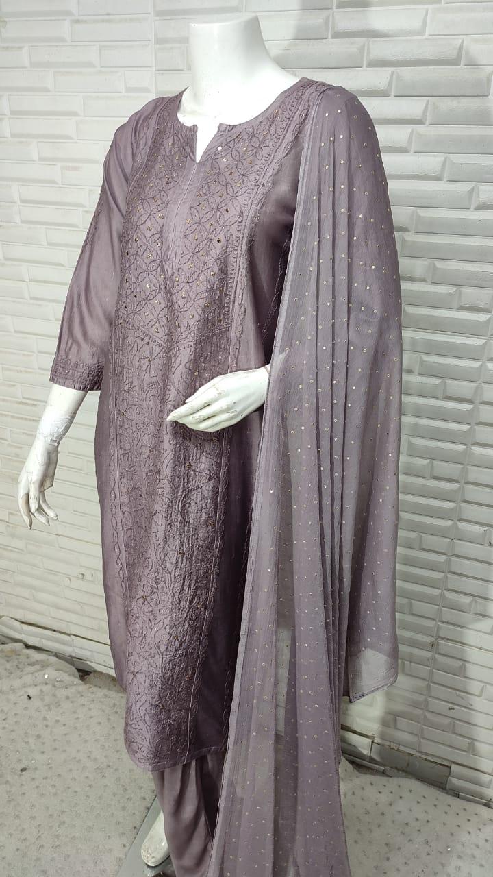 Coffee Chikankari Elegance: Modaal Chanderi Cutdana Ensemble - Inayakhan Shop 