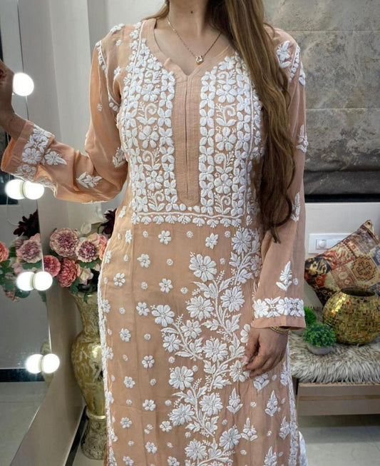 Coffee Premium 3D Jasmine Maslin Kurti with White Pallazo (Limited Stock) - Inayakhan Shop 