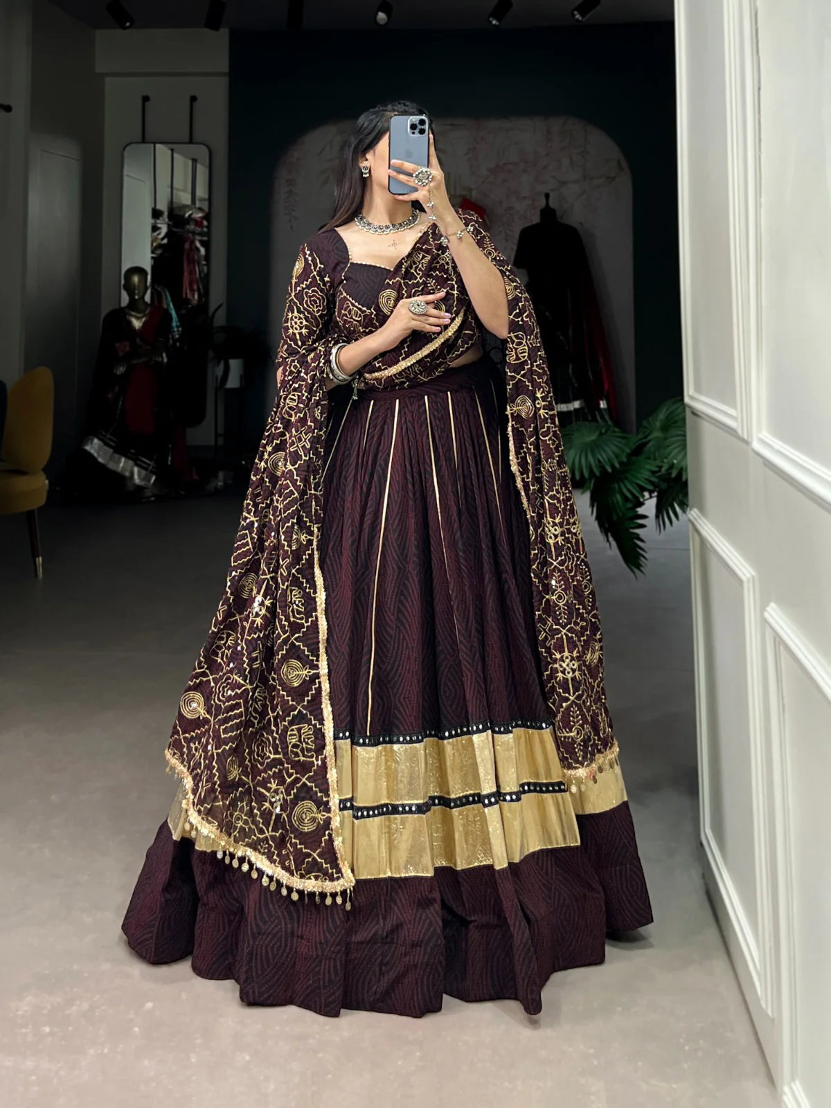 Coffee Brown Georgette Garba Choli with Bandhej Print and 8-Meter Flair